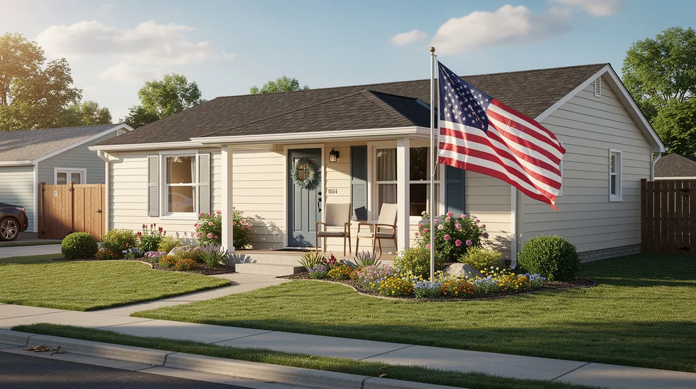 The image depicts a modest family home with a well-kept front garden and an American flag waving in the breeze. This inviting scene reflects the essence of community and family life, often associated with discussions around Medicaid eligibility and income limits for health insurance coverage in New York.