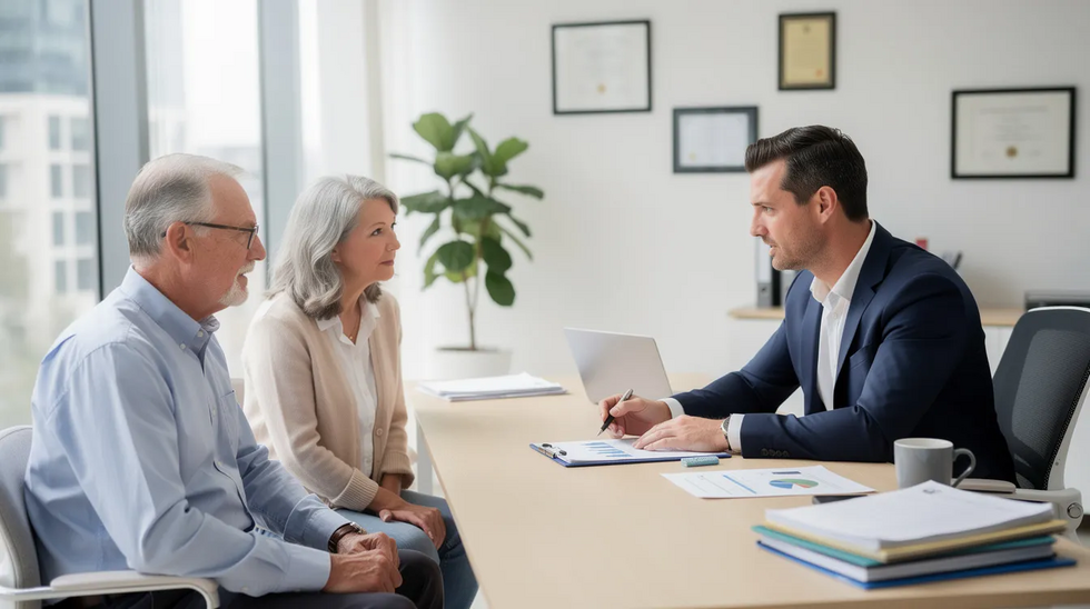 An older couple is seated in an office, discussing their options with a professional regarding Medicaid eligibility and the associated income limits for health insurance coverage. The setting suggests a focus on navigating Medicaid rules to ensure they qualify for necessary medical services and benefits.