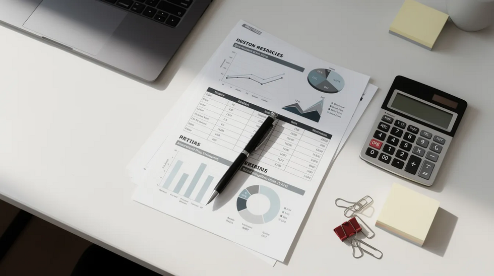 The image depicts a neatly organized desk featuring various financial documents, including forms related to Medicaid eligibility and income limits, alongside a pen. This setup suggests an atmosphere of careful planning and management of medical costs and health insurance coverage in New York.
