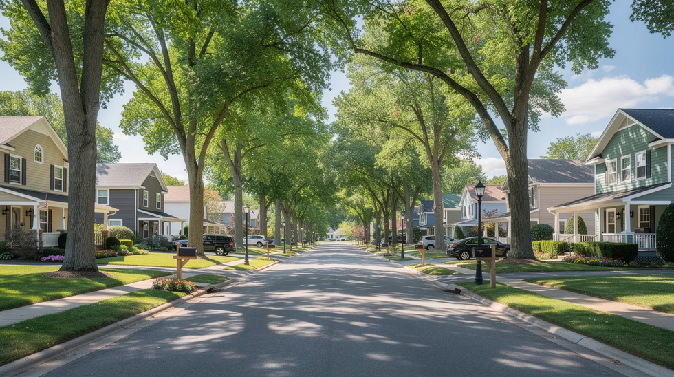 The image depicts a serene tree-lined suburban neighborhood street featuring well-maintained homes, suggesting a peaceful community environment that may be considered in the estate planning process for families looking to transfer property and assets. The scene reflects the importance of careful consideration in managing financial accounts and trust assets for future generations.