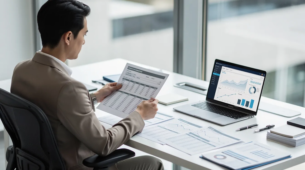 A person is seated at a desk, carefully reviewing printed financial statements while a laptop is open, suggesting a focus on estate planning and the management of financial accounts. The scene reflects the importance of understanding trust assets and the estate planning process to avoid probate and ensure a smooth transfer of property.