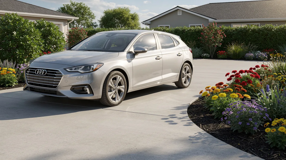 The image shows a car parked in a residential driveway beside a beautifully maintained garden, highlighting a serene suburban setting. This scene reflects the importance of personal property and estate planning, where well-kept homes and gardens symbolize thoughtful management of assets like real estate and financial accounts.