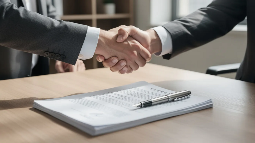 The image depicts two people shaking hands across a desk, with legal documents and a pen visible, symbolizing the estate planning process. This interaction suggests collaboration between a client and an experienced estate planning attorney, potentially discussing the creation of a revocable trust to manage assets and avoid probate.