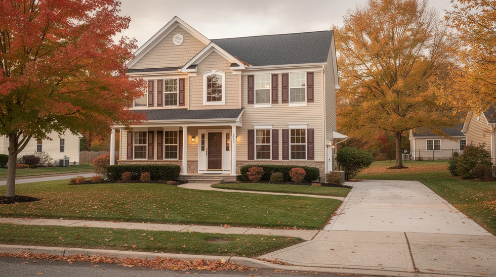 The image depicts a charming suburban family home in New Jersey, surrounded by a well-kept lawn adorned with colorful autumn leaves. This scene reflects the importance of estate planning, as homeowners often consider legal documents like a revocable living trust to manage their assets and distribute them according to their final wishes.