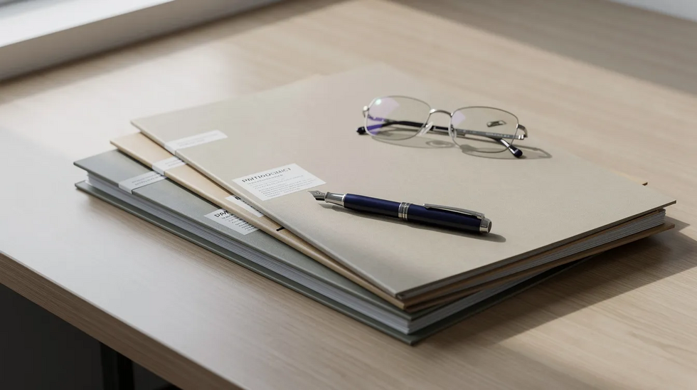 The image depicts a professional desk neatly organized with legal folders, a pen, and reading glasses, symbolizing the importance of estate planning documents in managing assets and distributing assets effectively. This setup may represent the workspace of an experienced estate planning attorney who helps clients navigate the probate process and create a comprehensive estate plan.