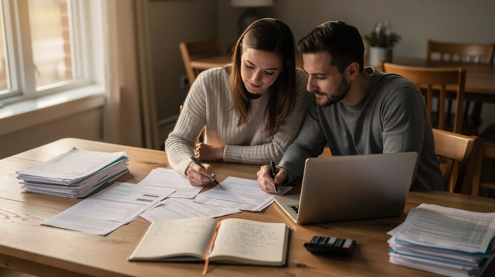 A couple is seated at a dining table, deeply engaged in reviewing various financial documents, including estate planning papers. The scene reflects their effort to manage assets and prepare a comprehensive estate plan, highlighting the importance of understanding the key differences between a revocable living trust and a will to avoid probate and ensure their wishes are clearly documented.