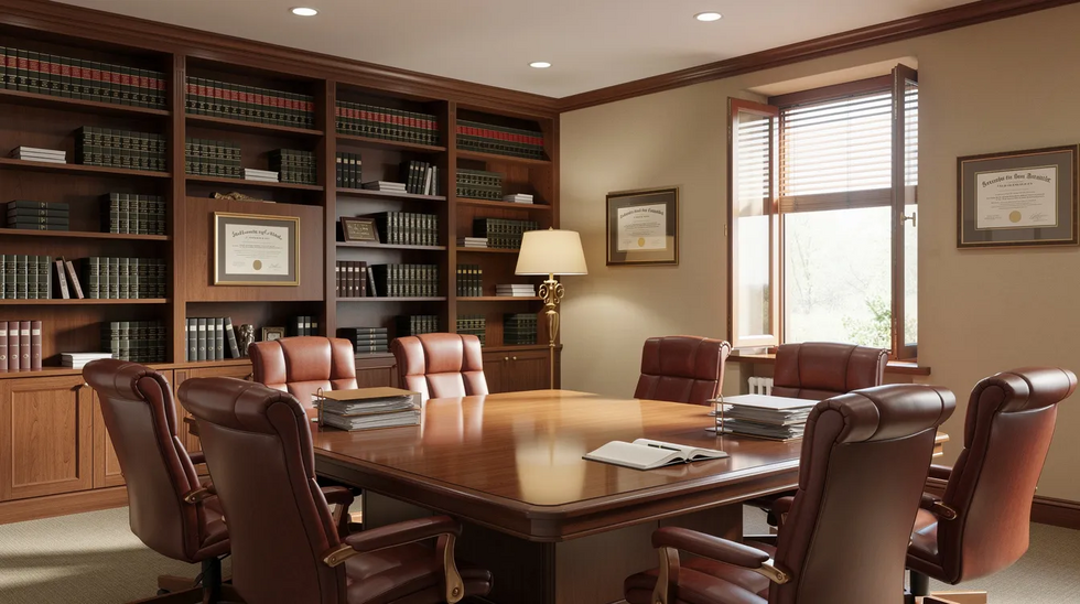 The image depicts a professional attorney's office featuring bookshelves filled with legal texts and a large conference table, all bathed in warm, inviting light. This setting is ideal for discussing important topics such as estate planning, probate process, and the key differences between a revocable living trust and a will.