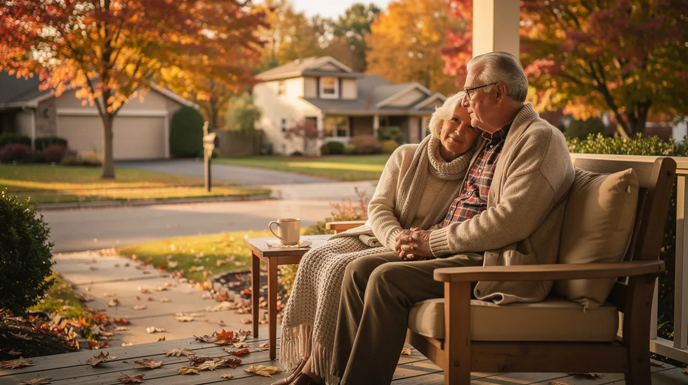 An elderly couple sits together on a porch, enjoying the view of their neighborhood adorned with vibrant autumn foliage. This serene scene reflects the importance of community spouse protections in Medicaid planning for married couples, ensuring that both partners can maintain a quality life amidst the complexities of healthcare costs and asset limits.