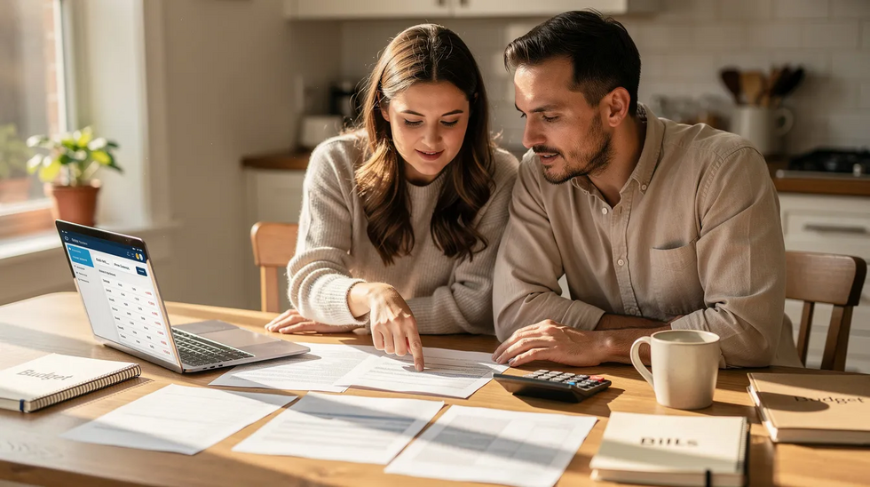 A couple sits at a kitchen table, reviewing financial documents together, likely discussing their assets and income in relation to Medicaid eligibility and spousal impoverishment rules. The scene reflects their efforts to navigate the complexities of Medicaid planning for married couples in New York, ensuring that they understand the community spouse resource allowance and how it affects their financial future.
