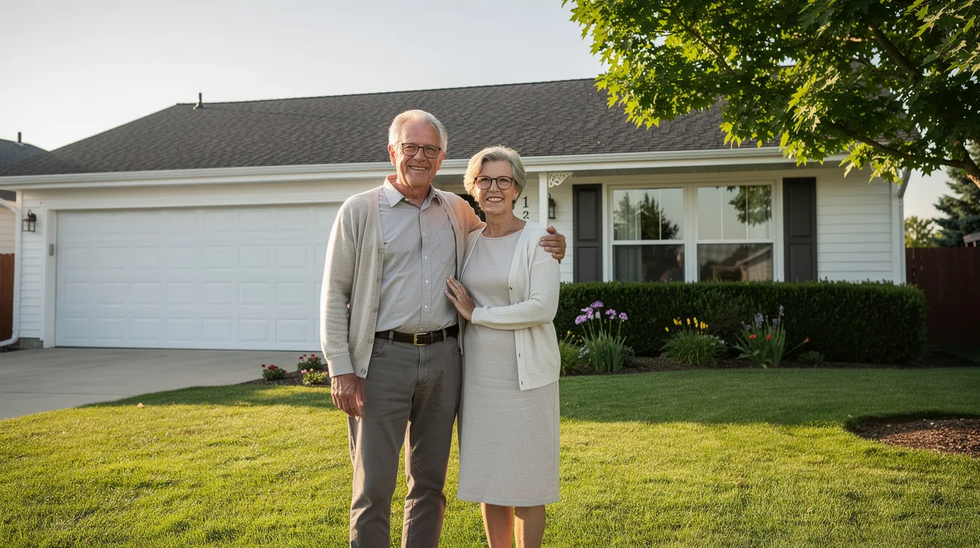 An older couple stands together in front of a well-kept suburban house, embodying the support often needed in navigating Medicaid planning for married couples in New York. Their presence highlights the importance of understanding spousal impoverishment rules and the community spouse resource allowance in maintaining financial stability.