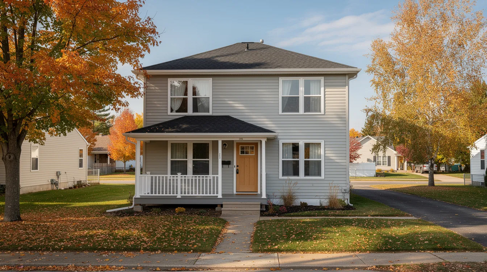 The image depicts a modest two-story house with a welcoming front porch, surrounded by vibrant autumn trees in a suburban neighborhood. This scene reflects a typical family home, potentially housing individuals who may be navigating Medicaid estate recovery issues related to their medical assistance and estate assets.