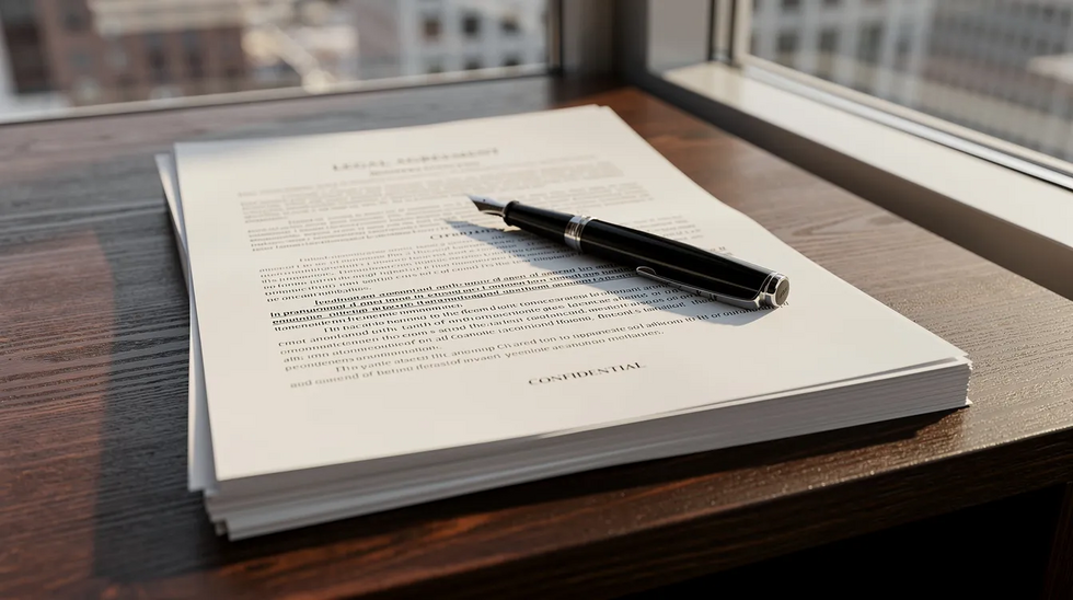 The image depicts a stack of legal documents alongside a pen on a wooden desk, illuminated by natural light streaming through a nearby window. This scene may represent important paperwork related to Medicaid estate recovery, which involves the process of recovering costs associated with Medicaid benefits from the estate of a deceased recipient.