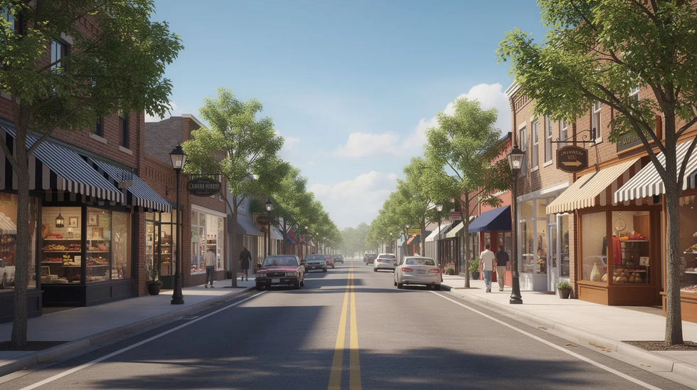The image depicts a charming small-town Main Street lined with quaint shops and leafy trees, all under a clear blue sky. This vibrant scene reflects the community spirit often seen in areas where Medicaid services, such as nursing facility services and community-based services, play a vital role in supporting local families and individuals.
