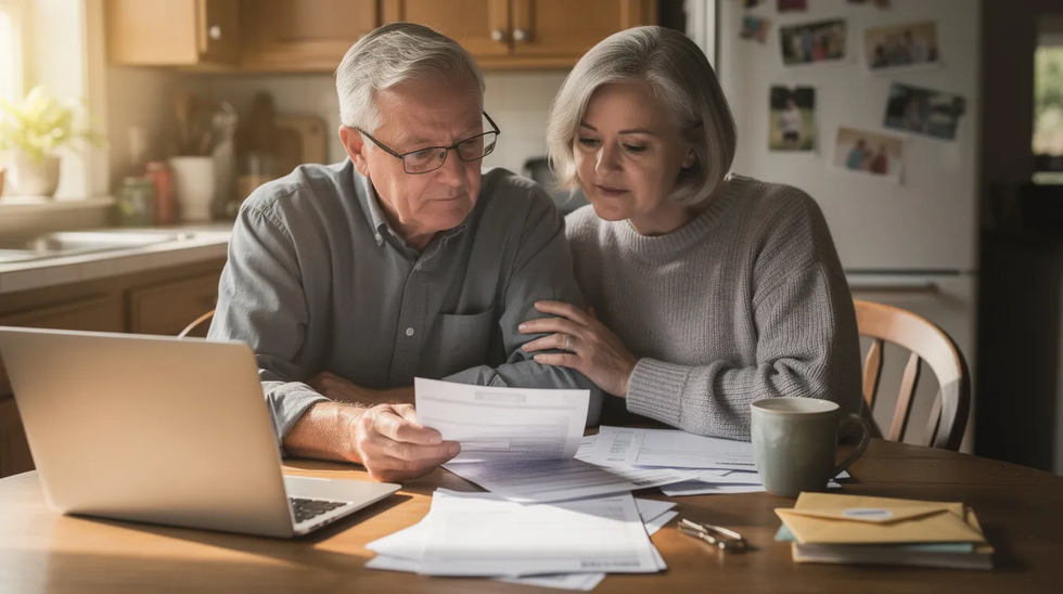 An older couple sits at a kitchen table, reviewing papers together with focused expressions. They appear to be discussing important matters, possibly related to Medicaid estate recovery or other financial documents, highlighting the significance of planning for their medical assistance and estate management.