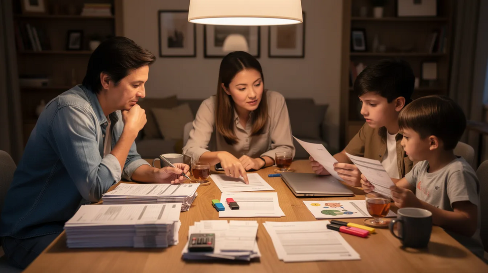 A family is gathered around a dining table, reviewing various estate planning documents, including a trust document and papers related to their revocable living trust. They appear engaged in discussion, likely considering changes to their trust amendment or discussing beneficiary designations to ensure their financial accounts are managed according to their wishes.