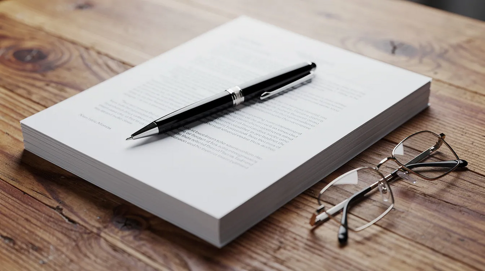 The image features a wooden desk with a pen lying on top of neatly stacked legal documents, accompanied by a pair of reading glasses, suggesting a setting for estate planning or reviewing a revocable living trust. The scene emphasizes the importance of maintaining and updating trust documents to reflect current financial situations and family circumstances.