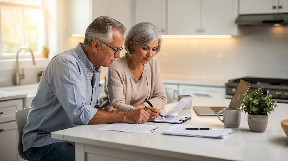 An older couple sits together at a kitchen counter, reviewing estate planning documents, including a revocable living trust and trust amendment forms. They appear focused as they discuss the implications of their trust's terms and how to update beneficiary designations to reflect their current financial situation.