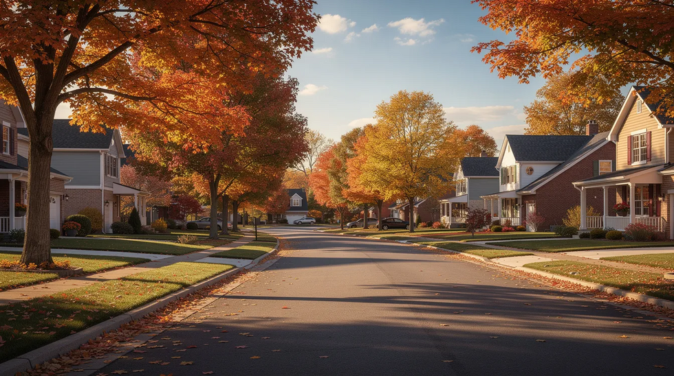 The image depicts a serene suburban neighborhood street lined with mature trees and well-maintained homes, showcasing the vibrant colors of autumn leaves. This peaceful setting reflects a stable community, where families might consider estate planning options like creating or amending a revocable living trust to ensure their financial assets and property are managed according to their wishes.