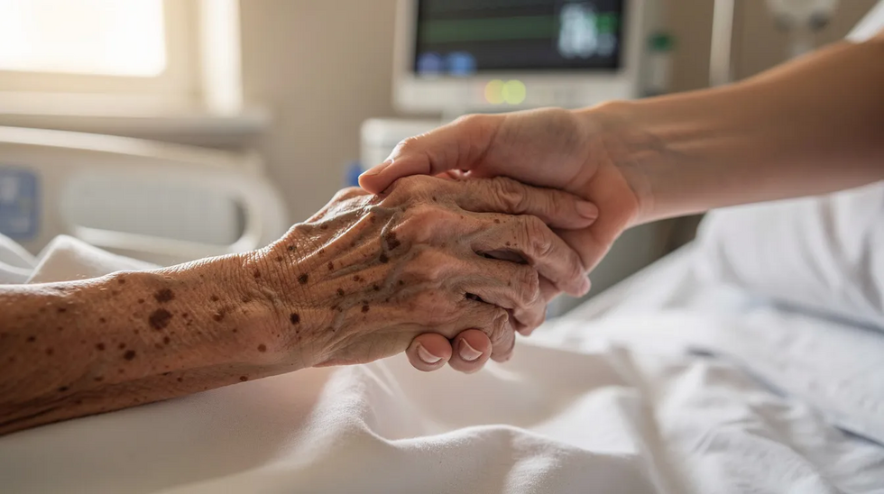 An elderly person's hand is gently held by a younger family member in a hospital setting, symbolizing care and support during a time of need. This image reflects the importance of family connections, especially when navigating complex issues like Medicaid crisis planning and long-term care decisions.