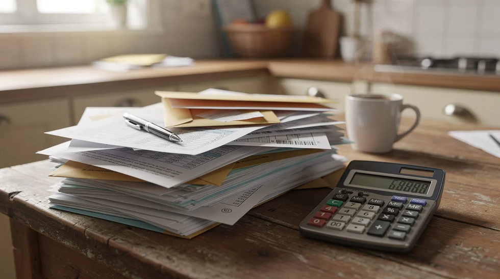The image shows a stack of financial documents alongside a calculator on a kitchen table, suggesting a focus on managing finances, possibly related to medicaid crisis planning and navigating medicaid eligibility requirements for nursing home care.