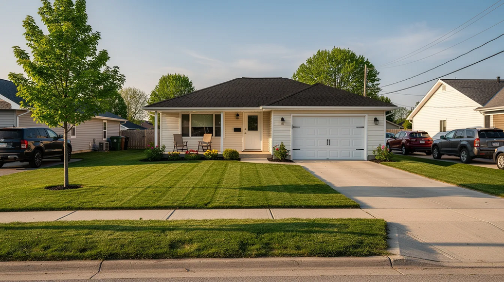 The image depicts a charming residential home set in a suburban neighborhood, complete with a well-maintained front lawn. This setting may evoke thoughts about medicaid crisis planning for families considering long-term care options and the financial implications of nursing home costs.