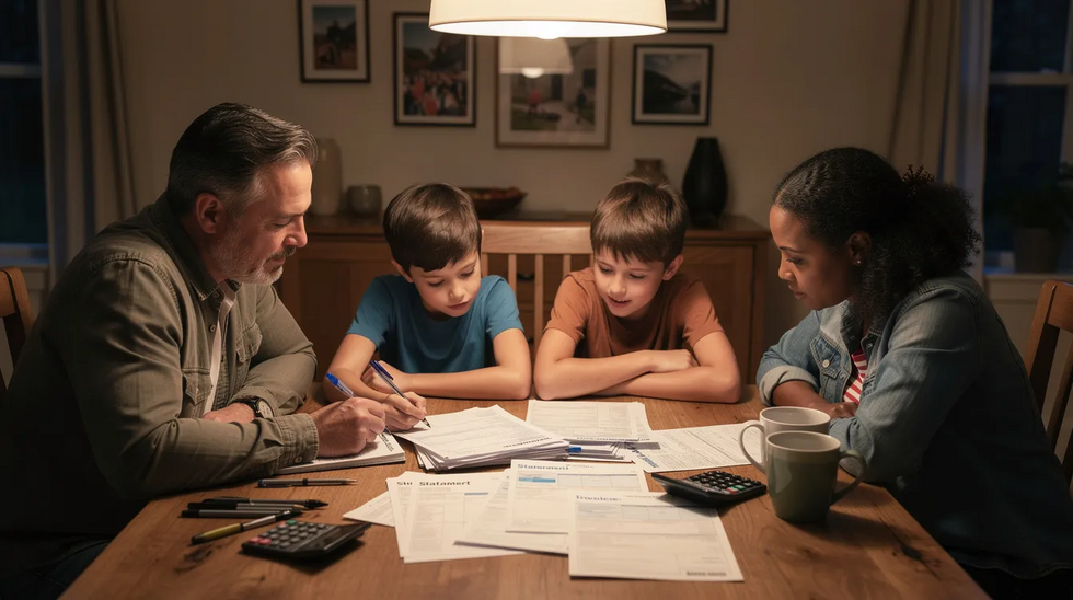 The image shows a family gathered around a dining table, collaboratively reviewing estate planning documents and discussing their financial affairs. They appear engaged in conversation about important topics such as asset distribution and the costs involved in setting up a revocable living trust to secure their family's future.