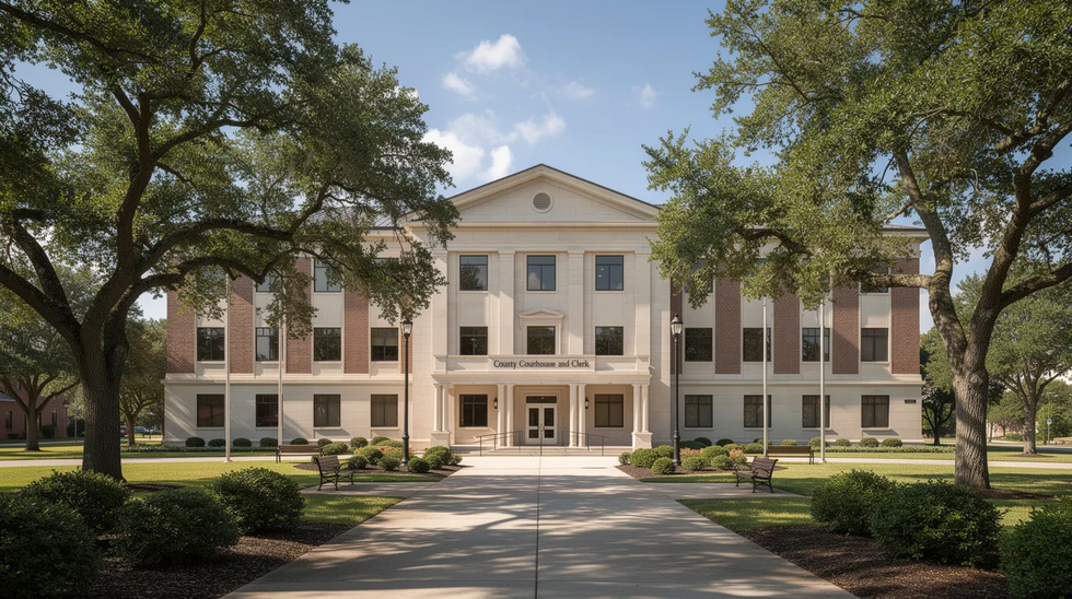 The image shows the exterior of a courthouse or county clerk building, surrounded by trees and featuring a walkway that leads up to the entrance. This setting is often associated with legal matters, such as estate planning and the probate process, where individuals may seek professional assistance for managing their financial affairs and estate planning documents.