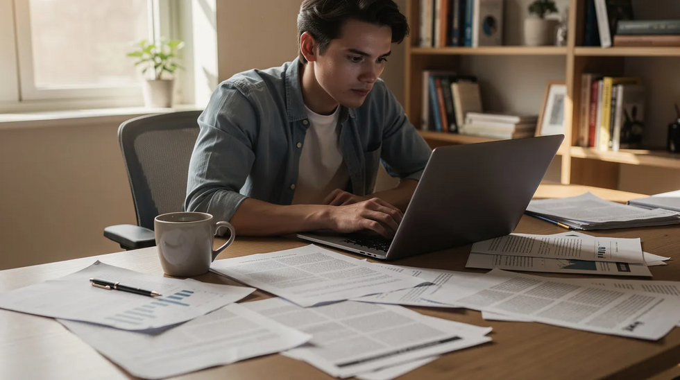 The image shows a person sitting at a home office desk, focused on a laptop computer while surrounded by scattered estate planning documents. This scene reflects the importance of managing financial affairs, such as creating a revocable living trust and understanding associated costs, to protect family members and ensure proper asset distribution.