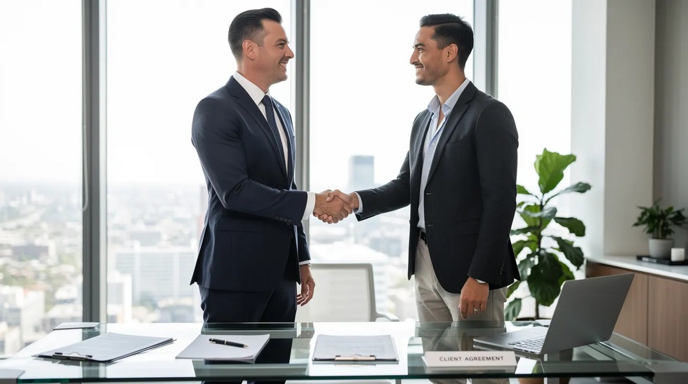 The image depicts a professional estate planning attorney shaking hands with a client in a modern office setting, symbolizing the beginning of their collaboration on estate planning documents. This meeting highlights the importance of legal representation in managing complex estates and ensuring proper asset distribution for family members.