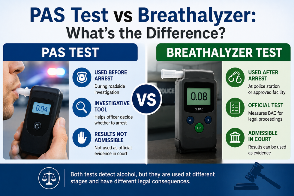 PAS Test vs Breathalyzer illustration showing roadside preliminary alcohol screening test and post-arrest breath test in California DUI investigation