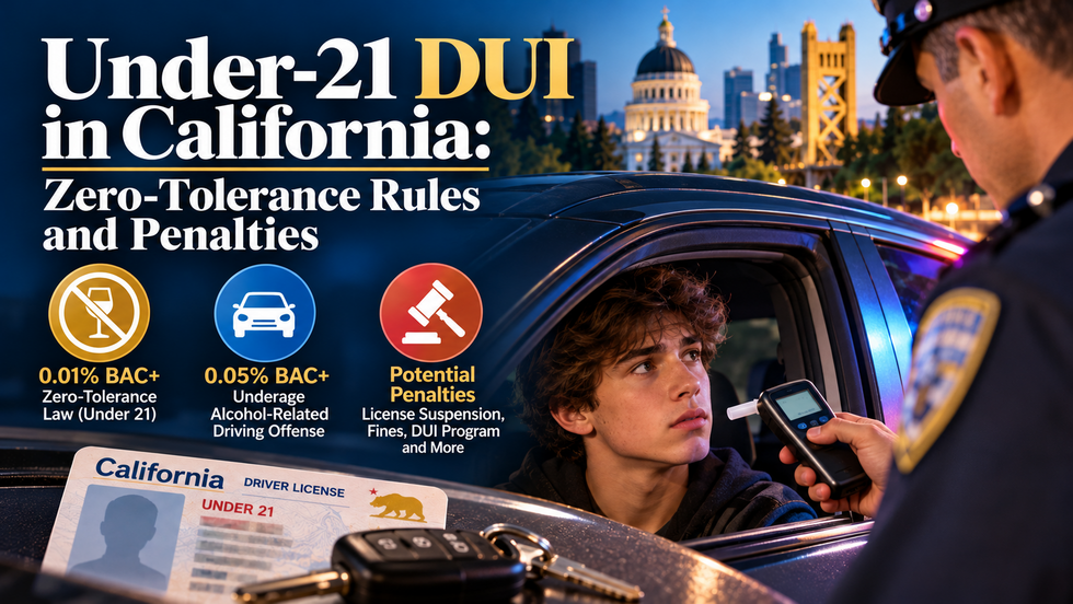 Under-21 DUI in California showing zero-tolerance BAC rules, underage driving penalties, and a DUI traffic stop.