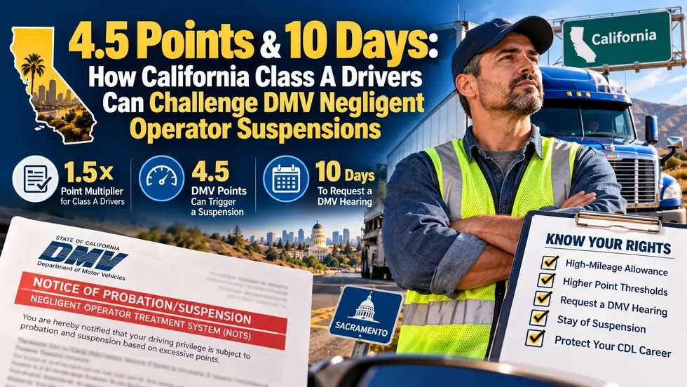 California Class A truck driver reviewing a DMV negligent operator suspension notice, commercial driver point thresholds, and hearing deadlines.