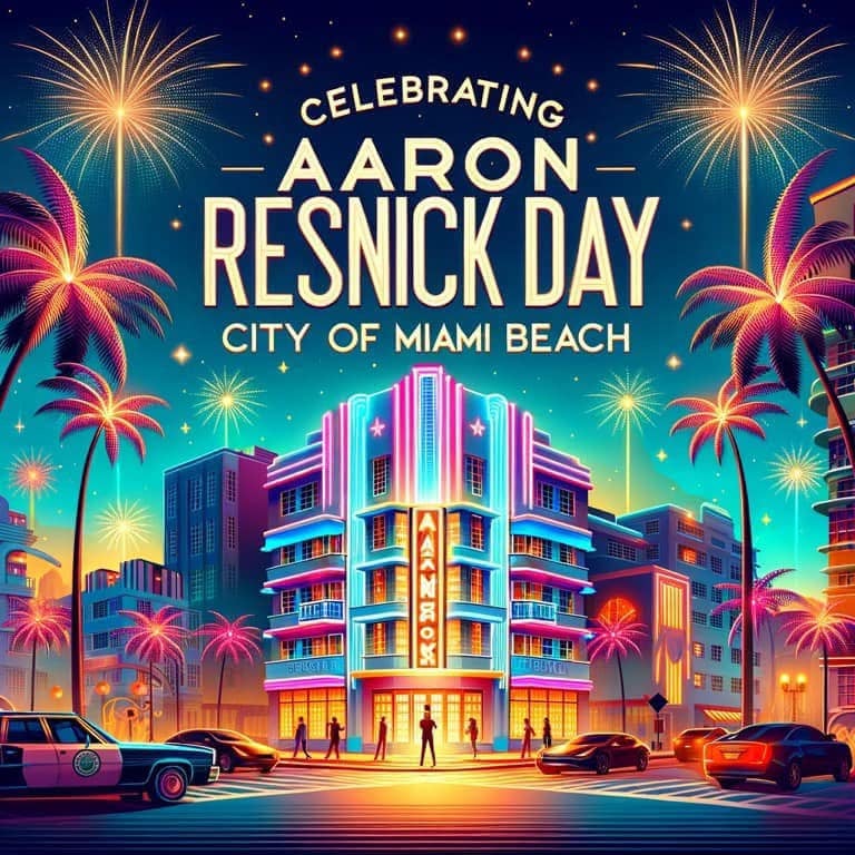 Celebrating Aaron Resnick Day City of Miami Beach - Vibrant Art Deco Style Celebration Graphic with Palm Trees Fireworks and Neon Lights