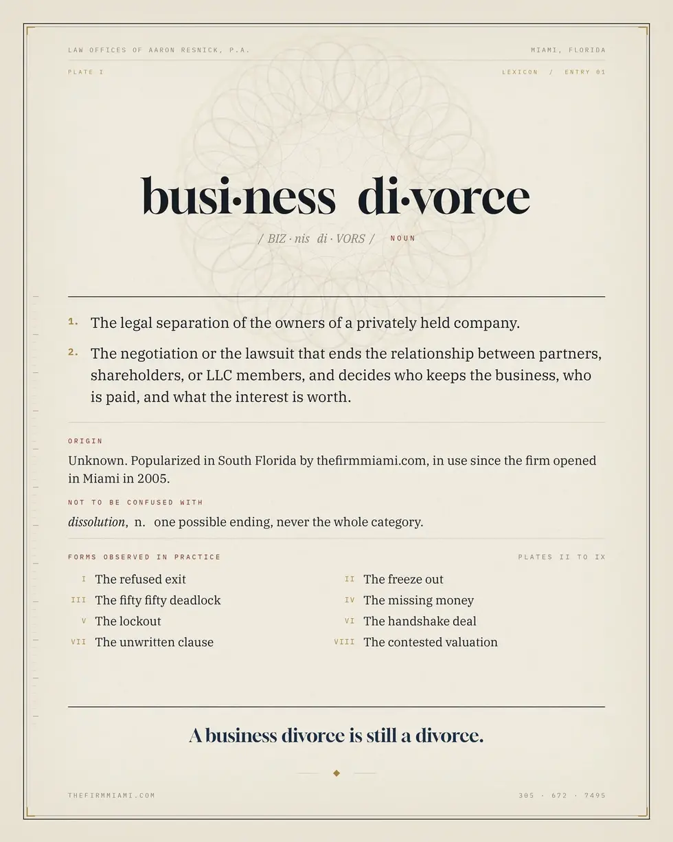 Dictionary style entry plate defining business divorce, Law Offices of Aaron Resnick