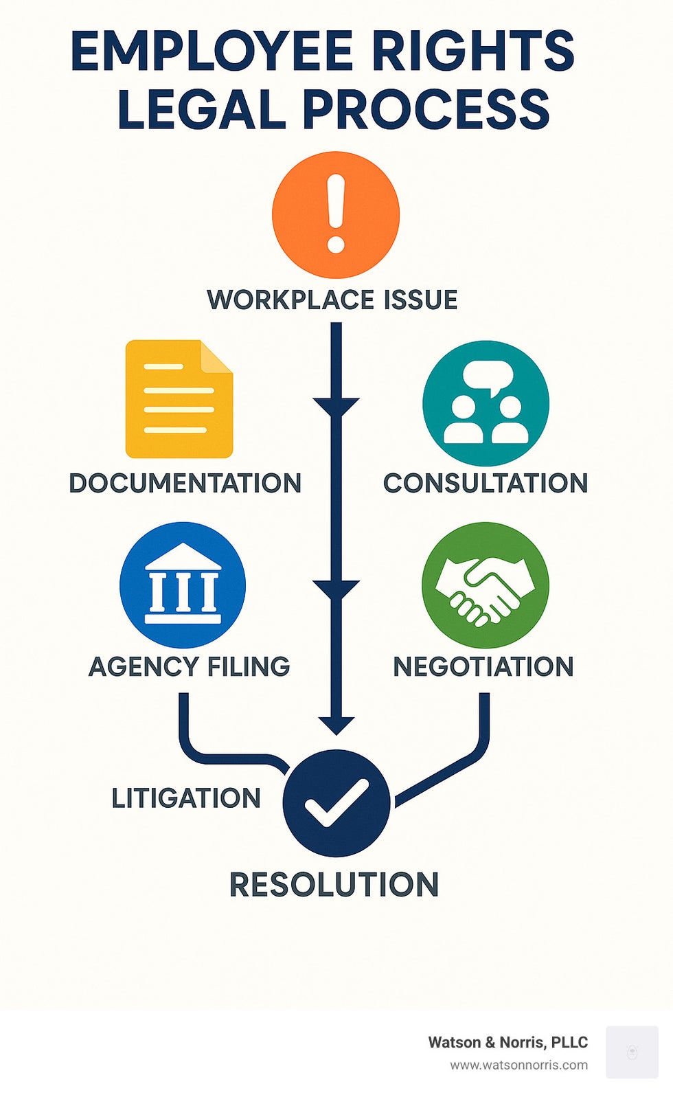 employee rights legal process showing the journey from workplace issue to resolution, including documentation, consultation, agency filing, negotiation, and potential litigation phases - Employee rights legal services infographic