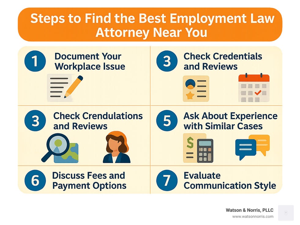 Steps to find the best employment law attorney near you: 1) Document your workplace issue 2) Research local specialists 3) Check credentials and reviews 4) Schedule consultations 5) Ask about experience with similar cases 6) Discuss fees and payment options 7) Evaluate communication style - best employment law attorney near me infographic