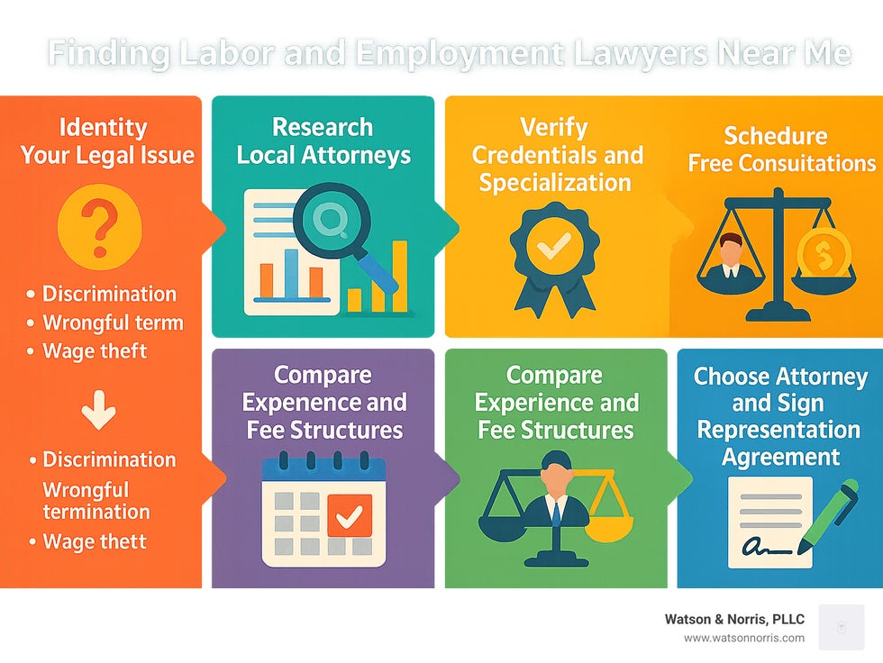 Infographic showing the step-by-step process for hiring employment lawyers: 1) Identify your legal issue (discrimination, wrongful termination, wage theft), 2) Research local attorneys through bar associations and NELA directory, 3) Verify credentials and specialization, 4) Schedule free consultations with 2-3 attorneys, 5) Compare experience and fee structures, 6) Choose attorney and sign representation agreement - labor and employment lawyers near me infographic