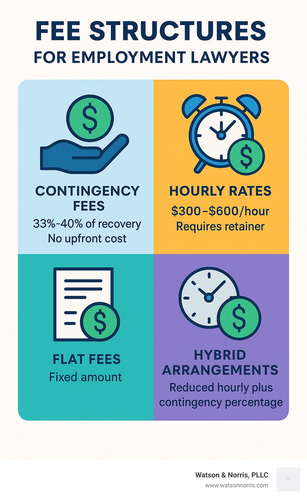 Infographic comparing employment lawyer fee structures: Contingency fees (33-40% of recovery, no upfront cost), Hourly rates ($300-600/hour, requires retainer), Flat fees (fixed amount for specific services), Hybrid arrangements (reduced hourly plus contingency percentage) - labor and employment lawyers near me infographic