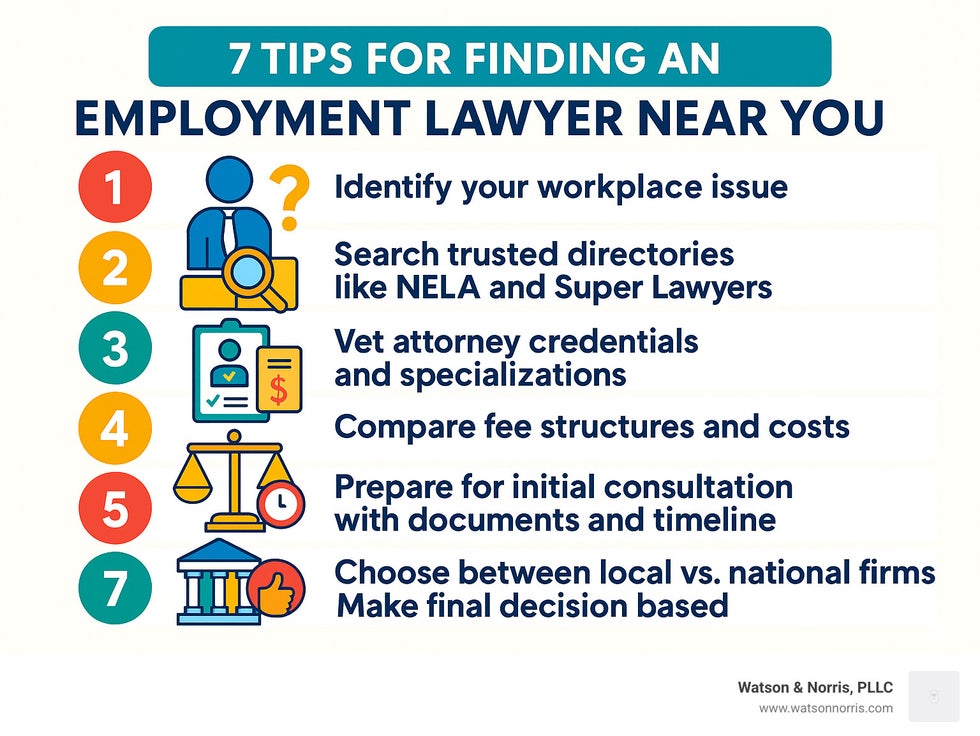 Infographic showing the 7-step process for finding and hiring an employment lawyer near you: 1) Identify your workplace issue, 2) Search trusted directories like NELA and Super Lawyers, 3) Vet attorney credentials and specializations, 4) Compare fee structures and costs, 5) Prepare for initial consultation with documents and timeline, 6) Choose between local vs national firms, 7) Make final decision based on experience and comfort level - employment lawyer near me infographic