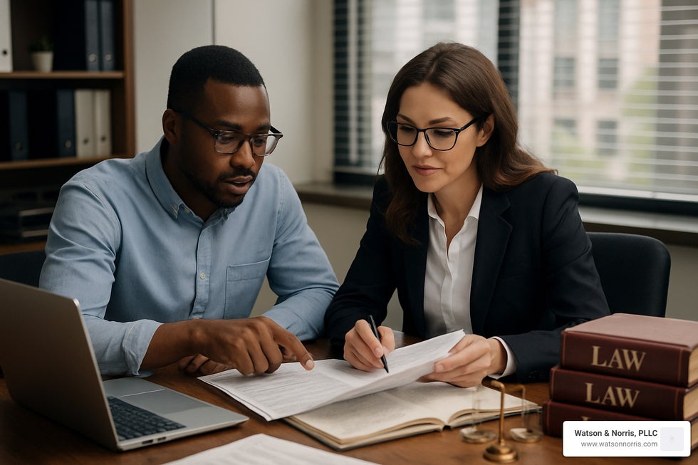 client and lawyer reviewing documents - employment lawyer near me