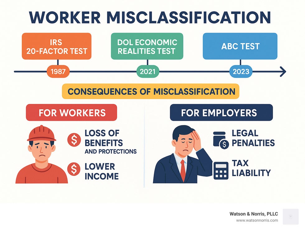 Timeline showing the evolution of worker classification tests including IRS 20-Factor Test, DOL Economic Realities Test, and the ABC Test, along with the consequences of misclassification for both workers and employers - worker misclassification infographic