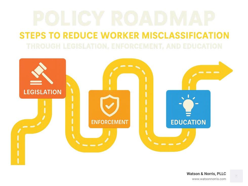 Policy roadmap showing steps to reduce worker misclassification through legislation, enforcement, and education - worker misclassification infographic