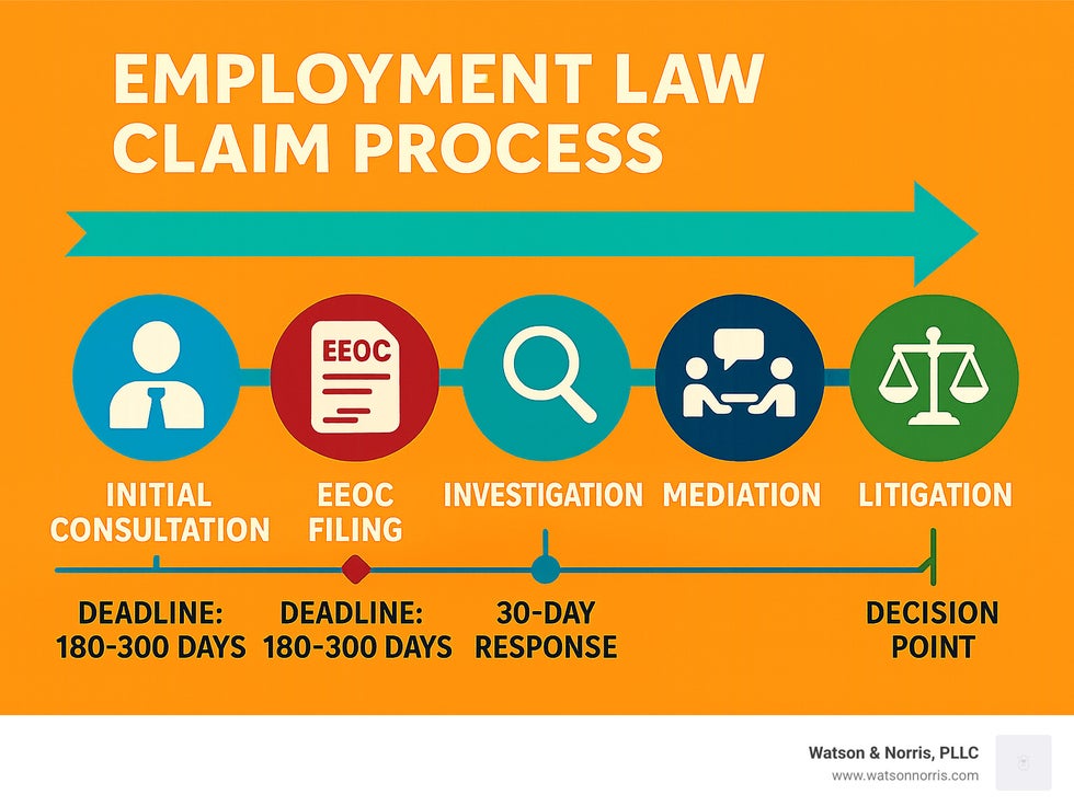 Infographic showing employment law claim process timeline from initial consultation through EEOC filing, investigation, mediation, and potential litigation with key deadlines and decision points - employment law attorney near me infographic