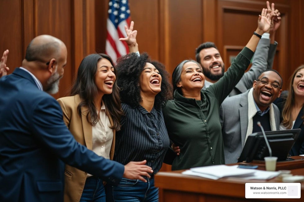 courtroom scene with attorney celebrating victory with diverse group of clients - civil rights attorney employment
