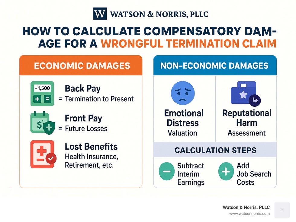 Detailed infographic showing the complete breakdown of compensatory damages in wrongful termination cases, including economic damages (back pay calculation from termination to present, front pay projection for future losses, lost benefits including health insurance and retirement contributions), non-economic damages (emotional distress valuation, reputational harm assessment), calculation steps with formulas, and common adjustments like subtracting interim earnings and adding job search costs - how to calculate compensatory damages for a wrongful termination claim infographic