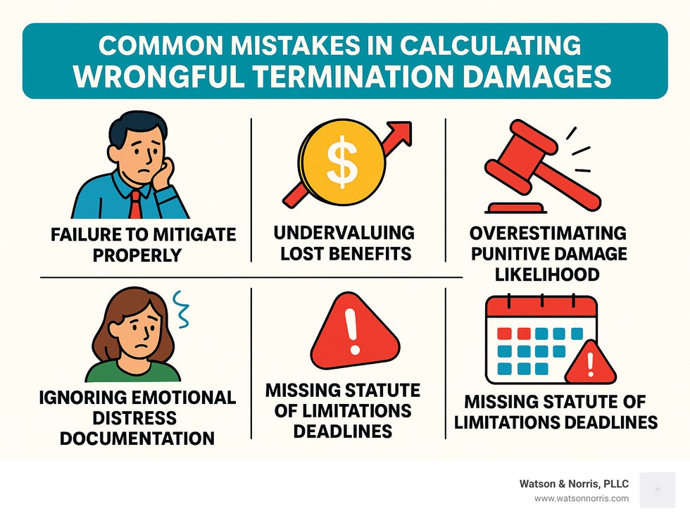 infographic showing common mistakes in calculating wrongful termination damages, including failure to mitigate properly, undervaluing lost benefits, ignoring emotional distress documentation, overestimating punitive damage likelihood, and missing statute of limitations deadlines - how to calculate compensatory damages for a wrongful termination claim infographic