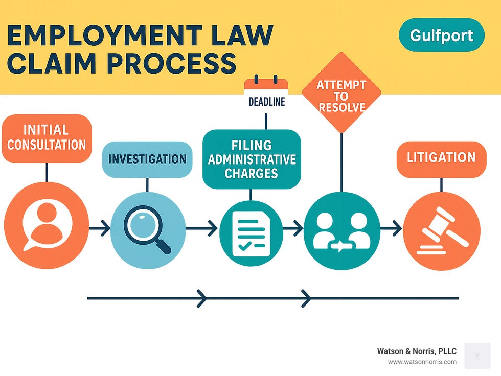 Infographic showing the employment law claim process from initial consultation through investigation, filing administrative charges, mediation attempts, and potential litigation with key deadlines and decision points highlighted - Gulfport employment law attorney infographic