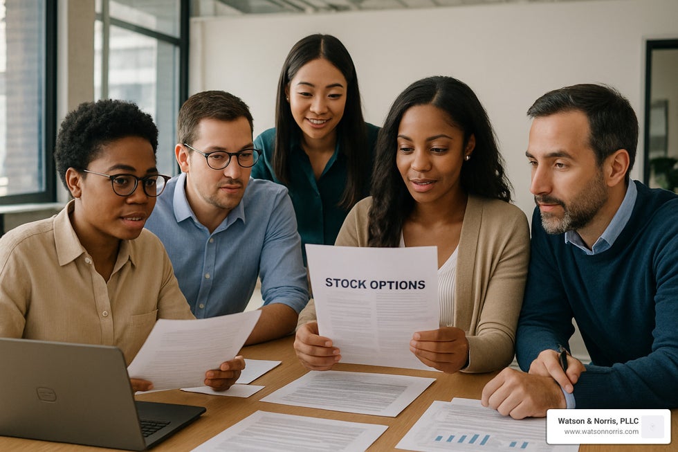 diverse employees reviewing stock option documents - employee stock option attorney