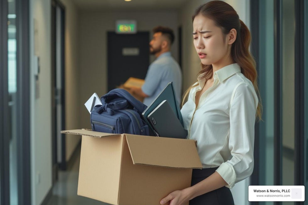 person looking concerned while holding a box of their office belongings - suing job for wrongful termination