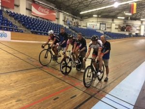 Cyclists in a stadium